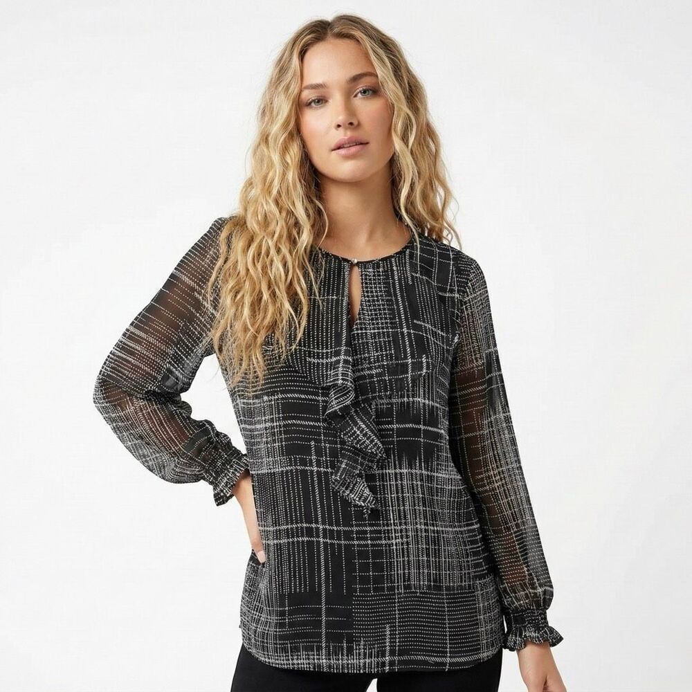 Karl Lagerfeld Paris Black White Plaid Sheer Ruffle Long Sleeve Blouse Medium